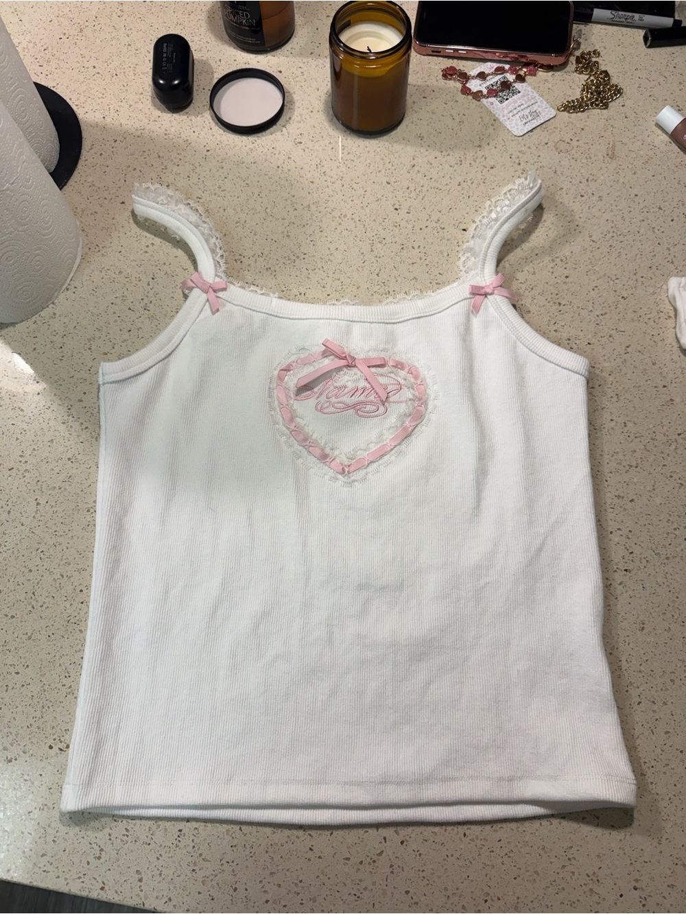 Named Collective White Tank Top with Pink Heart Accent